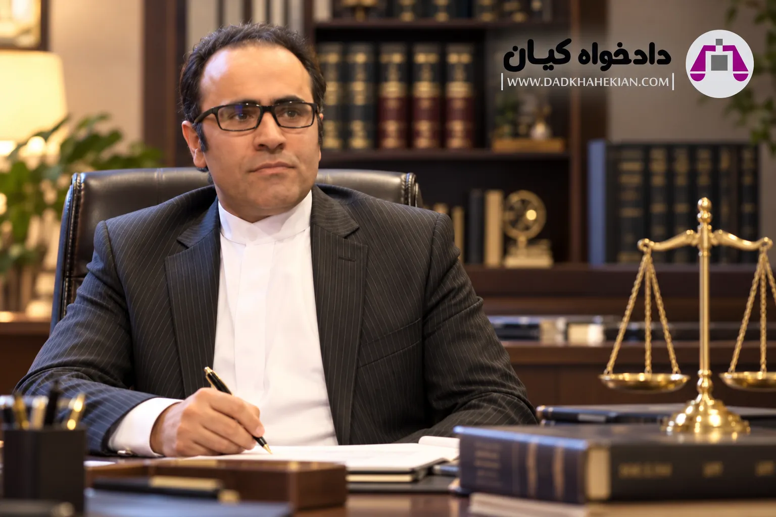 وکیل پایه یک دادگستری در فرمانیه | وکیلی با عینک پشت میز کار در دفتر حقوقی، کنار کتاب‌های حقوق و ترازوی عدالت